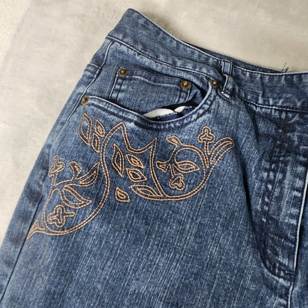 Talbots Dark Blue Bootcut Jeans NWOT w/ Brown Embroidery Front/Back, Size 14